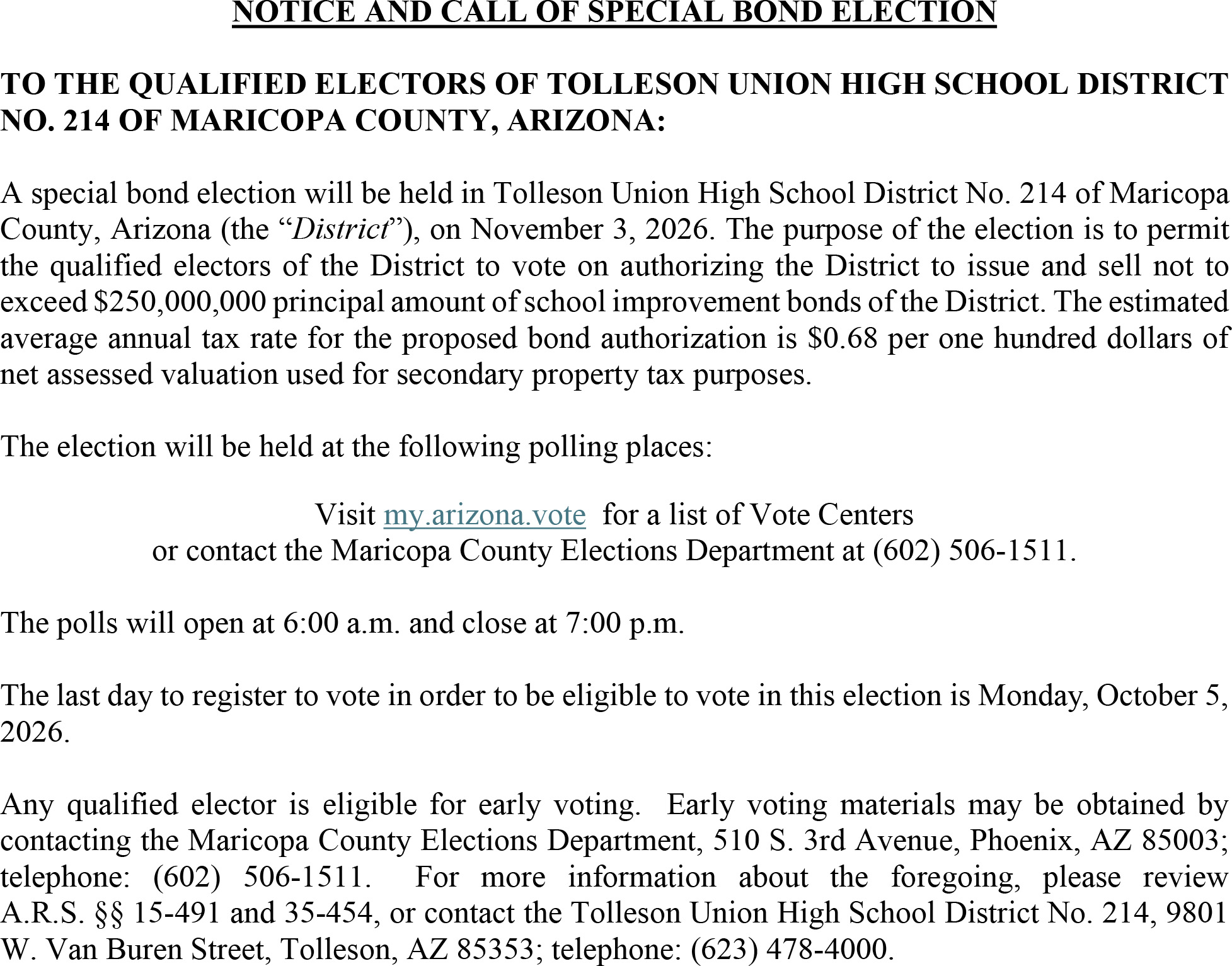 2026 Notice and Call of Special Bond Election-English 2026 Notice and Call of Special Bond Election-English