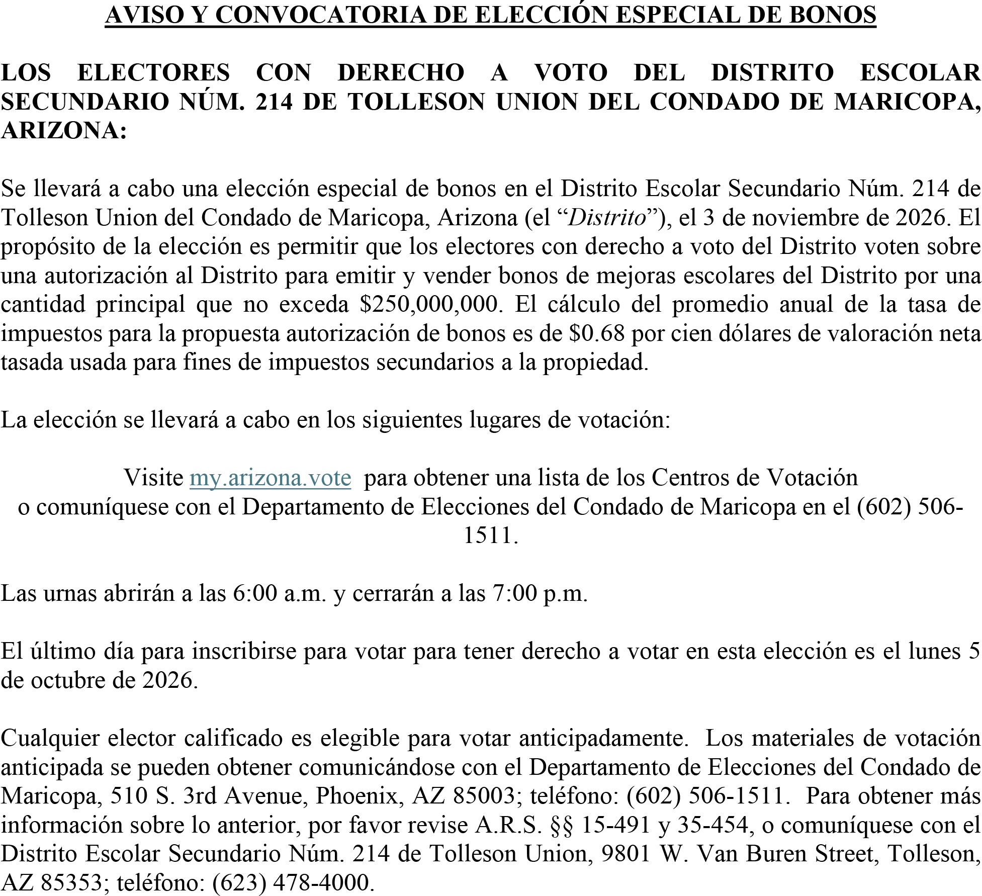 2026 Notice and Call of Special Bond Election-Spanish 2026 Notice and Call of Special Bond Election-Spanish