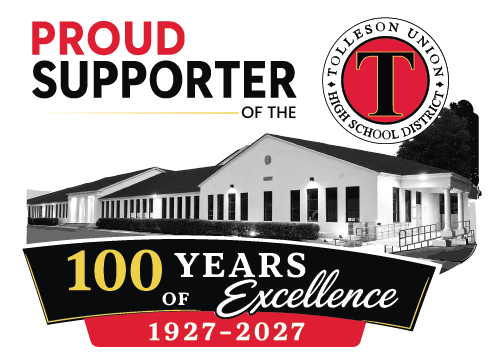 Proud Supporter of the Tolleson Union High School District. 100 years of excellence 1927-2027 around a picture of the school.