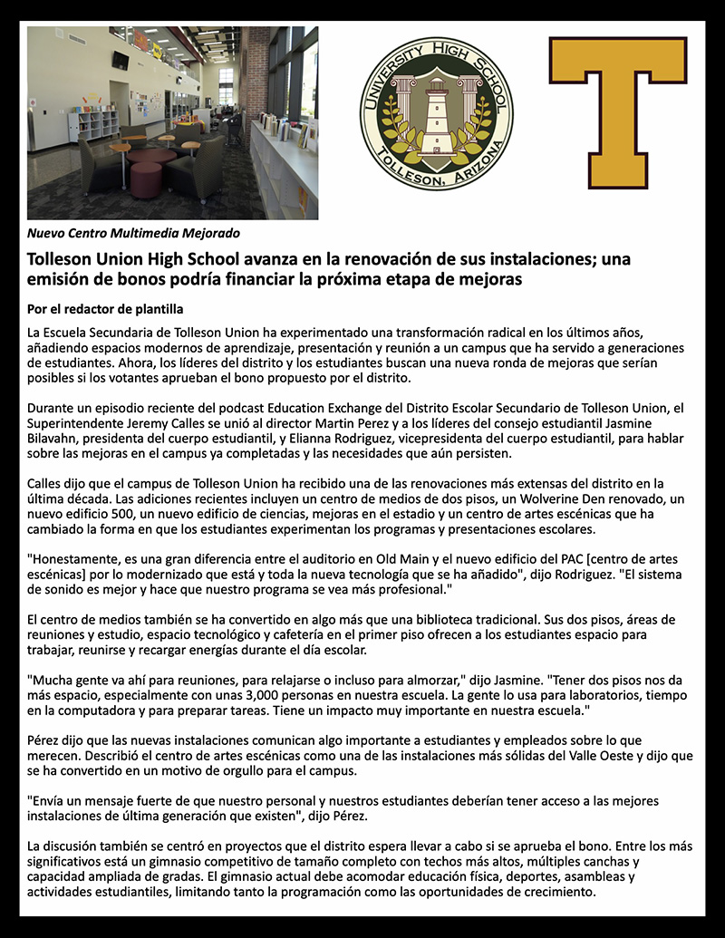 Tolleson Union and University High School Bond Improvements Article in Spanish