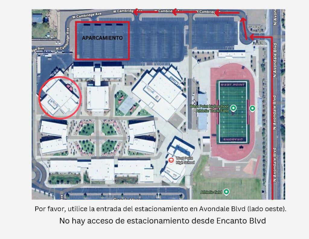 Por favor, utilice la entrada del estacionamiento en Avondale Blvd (lado oeste). No hay acceso de estacionamiento desde Encanto Blvd