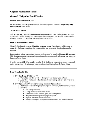 General Obligation Bond Election Press Release