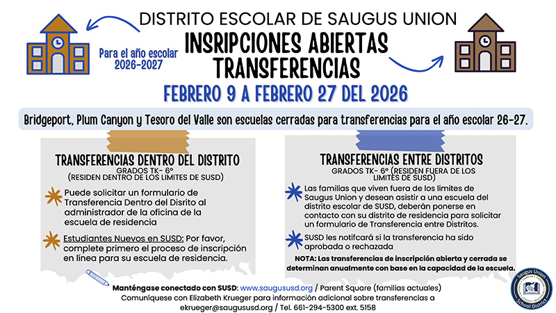 graphic_TransferWindowSpanish_020625 Saugus Union School District Open Enrollment Transfers flyer in Spanish