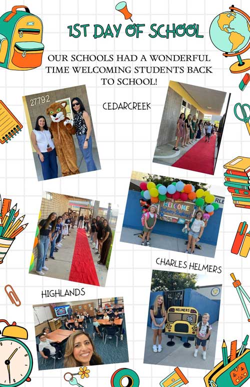 1st day of school. Our schools had a wonderful time welcoming students back to school! with pictures of students and staff on the first day back to school