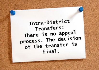Note that says: "There is no appeal process. The decision of the transfer is final." pinned to a cork board.