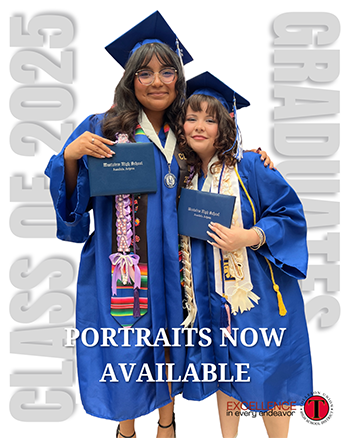 Two girls dress in blue graduation cap and gown holding diplomas. The words Portraits Now Available and Class of 2025 Graduates