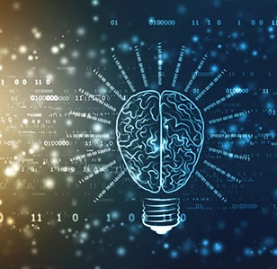 brain in the shape of a light bulb representing learning and technology
