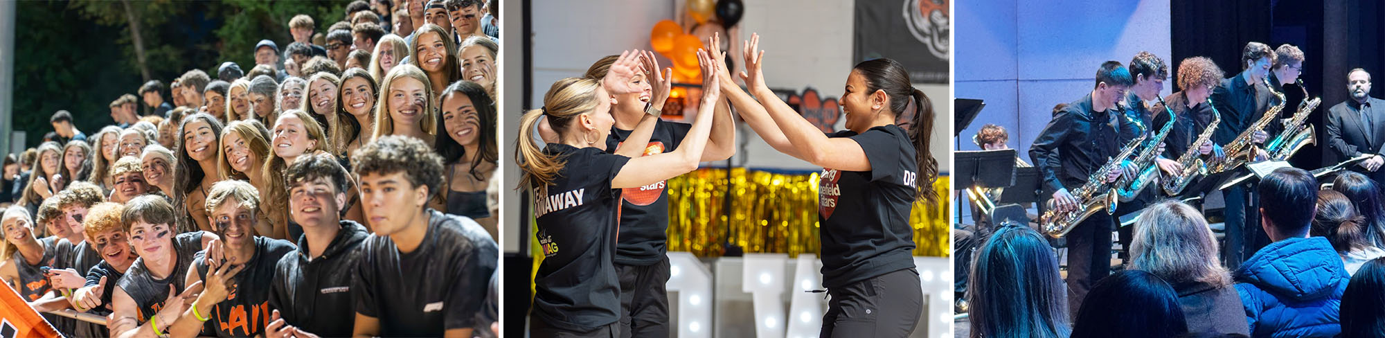 Students in the stadium, dance team, students playing the sax