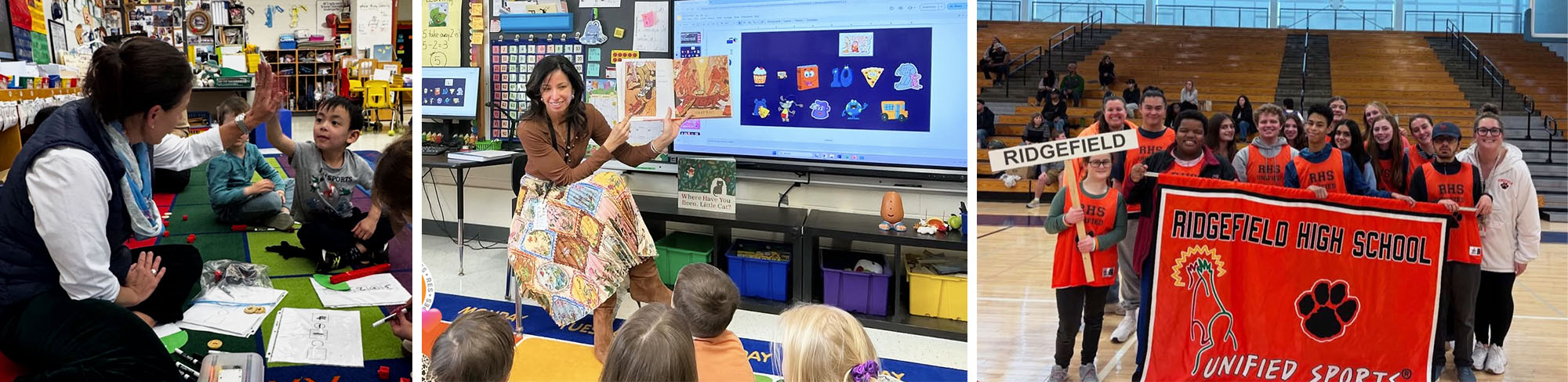 Photo collage of BMES High Five & BES Susie Reading to students