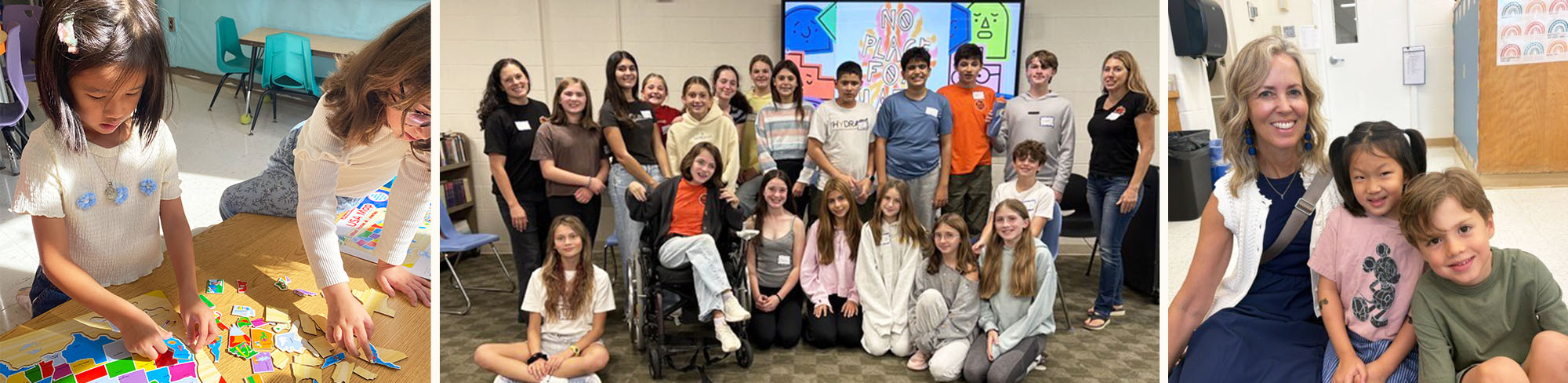 Photo collage of girls working on a puzzle, class photo, and woman with two happy students
