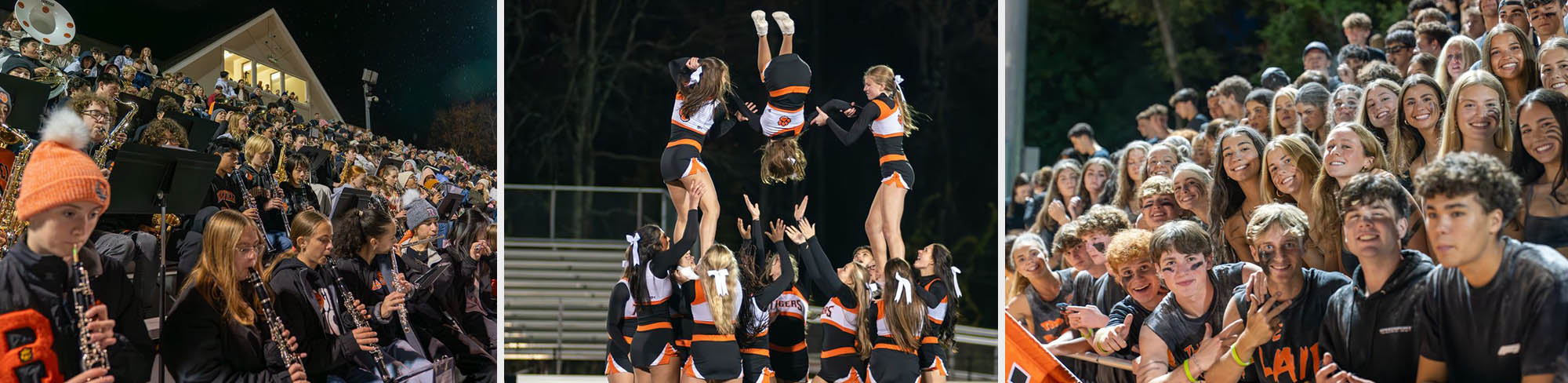 Band at Homecoming, cheerleaders, and students in the stadium