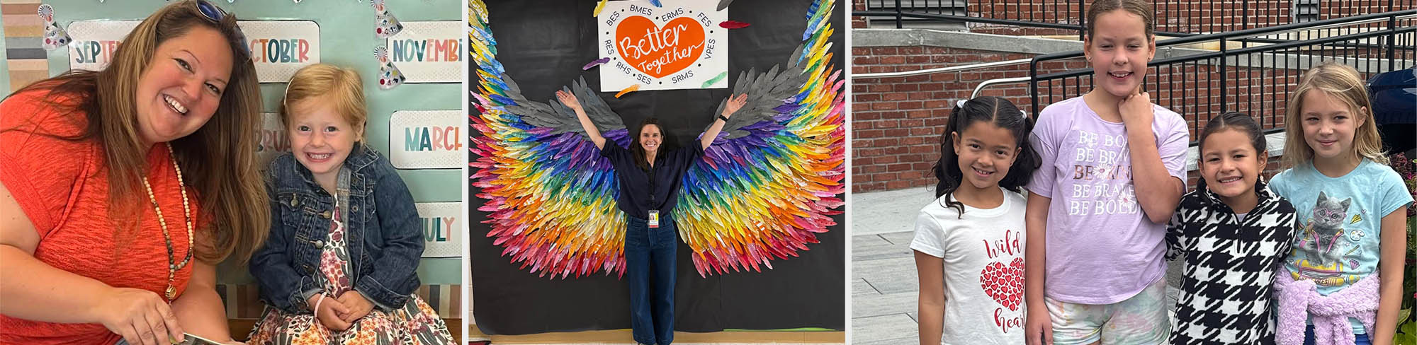 Photo collage of 5 PreK-teacher-and-student, SES Kounnas Better Together, and SES girls on the playground
