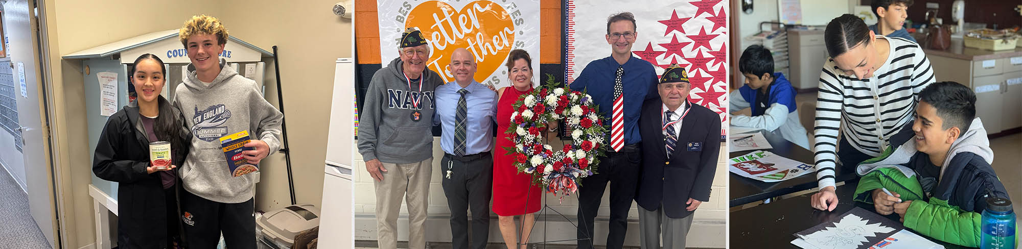 Photo collage of ERMS-Veterans-with-Tyra-Bolan-Peters, Luke and Ruby at food pantry, and Kelly with student