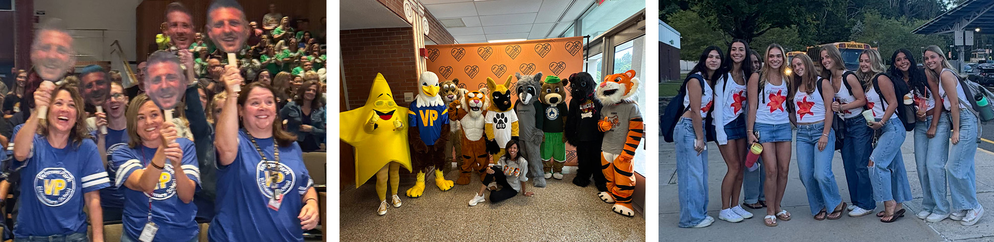 people holding printed face on sticks. all mascots lined up, and student lined up