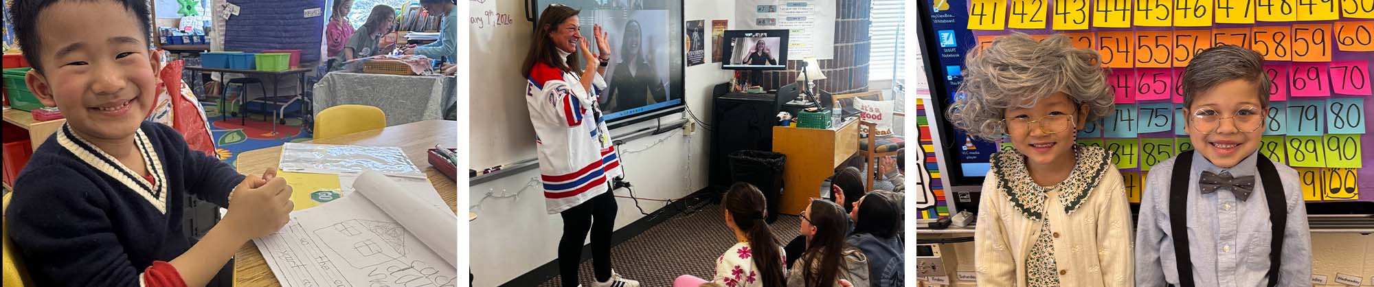 Student in class, class listening to teacher, two students on 100th day of school
