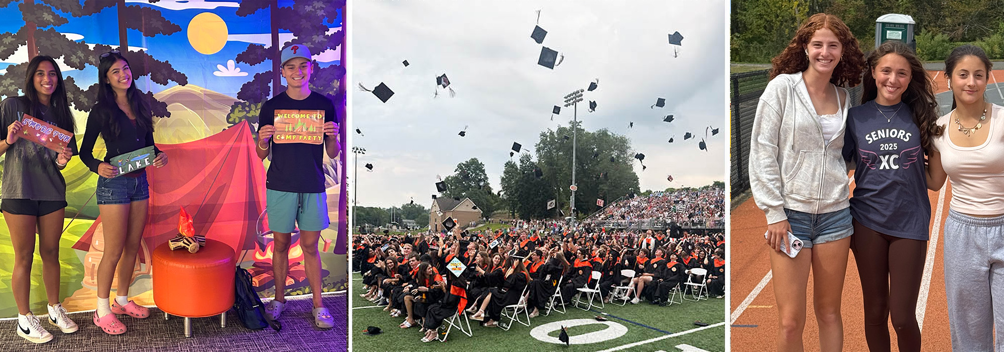 Three students at a make believe campfire holding signs; Graduates throwing their caps in the air; Three girls posing on the track