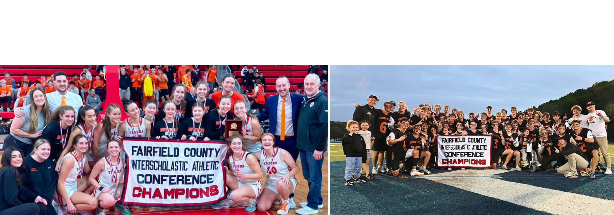Girls basketball team with Fairfield County Conference Champions banner next to the LAX team holding trophies