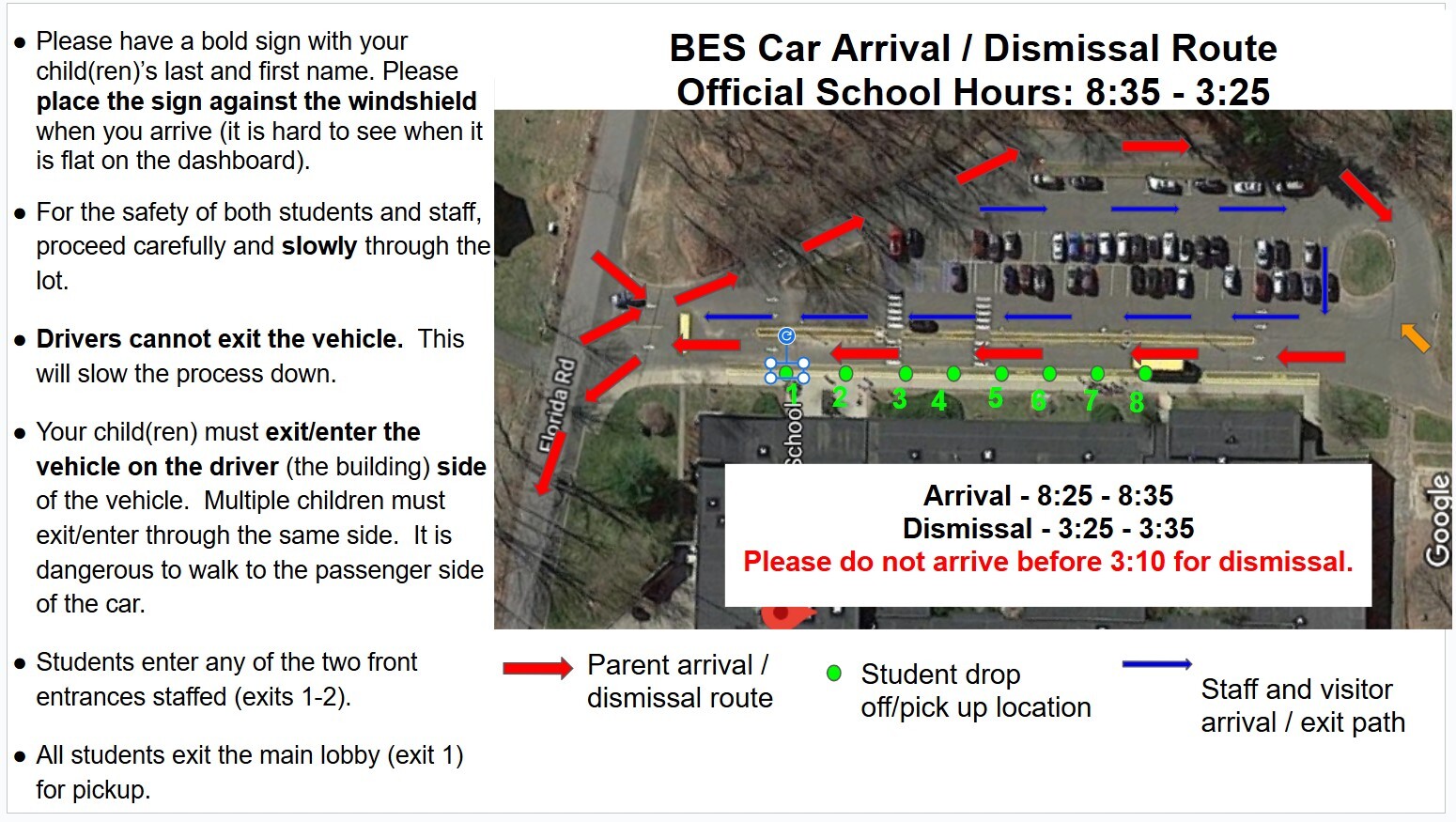 BES Car Arrival/Dismissal Route Map