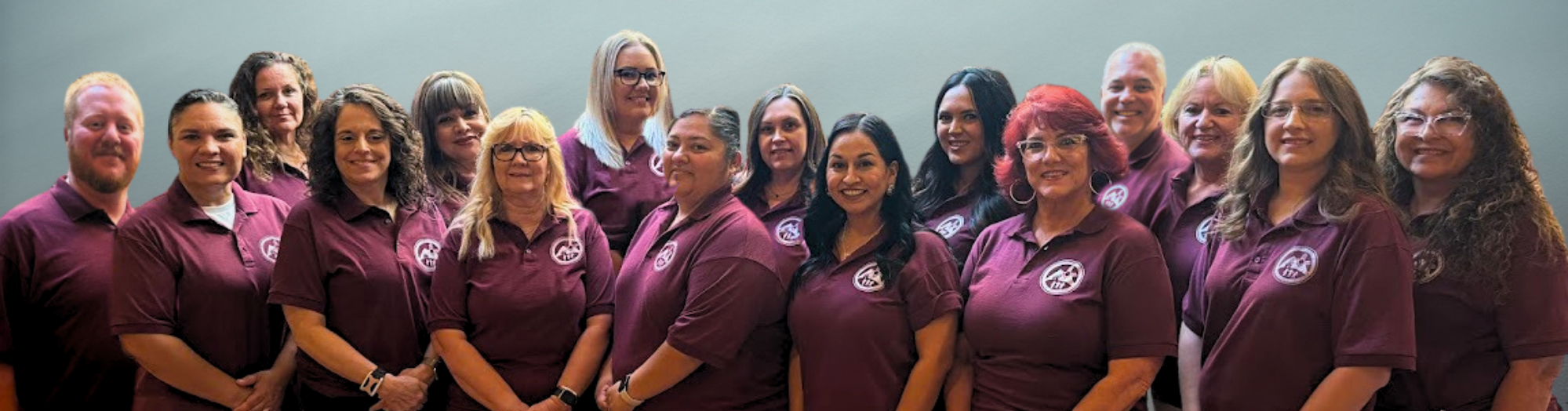 Team Photo <br />
A group photo shows fifteen individuals, mostly women, of varying ages and ethnicities, standing in two rows. All are wearing identical dark red polo shirts with a circular white logo on the right side of their chests. They are smiling and looking towards the camera. The background is a gradient of dark gray to light gray.