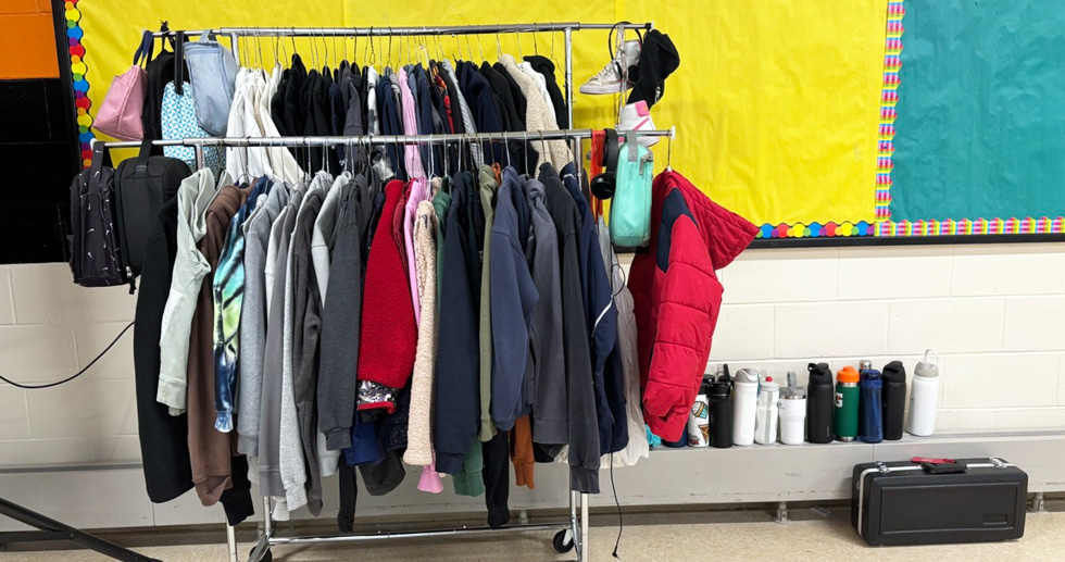 Rack of lost and found items on display