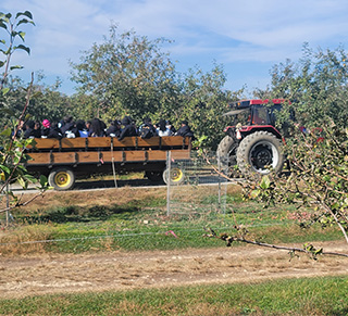 students in a wagon pulled by a tractor