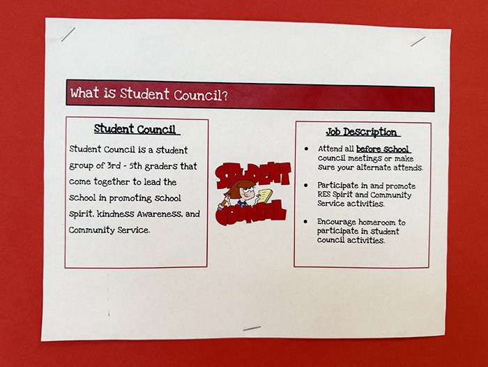 A informational poster titled 'What is Student Council?'  Student Council is a student group of 3rd – 5th graders that come together to lead the school in promoting School Spirit, Kindness Awareness, and Community Service. Job Description: Attend all before school council meetings or make sure your alternate attends, Participate in and promote RES Spirit and Community Service activities, Encourage homeroom to participate in Student council activities.