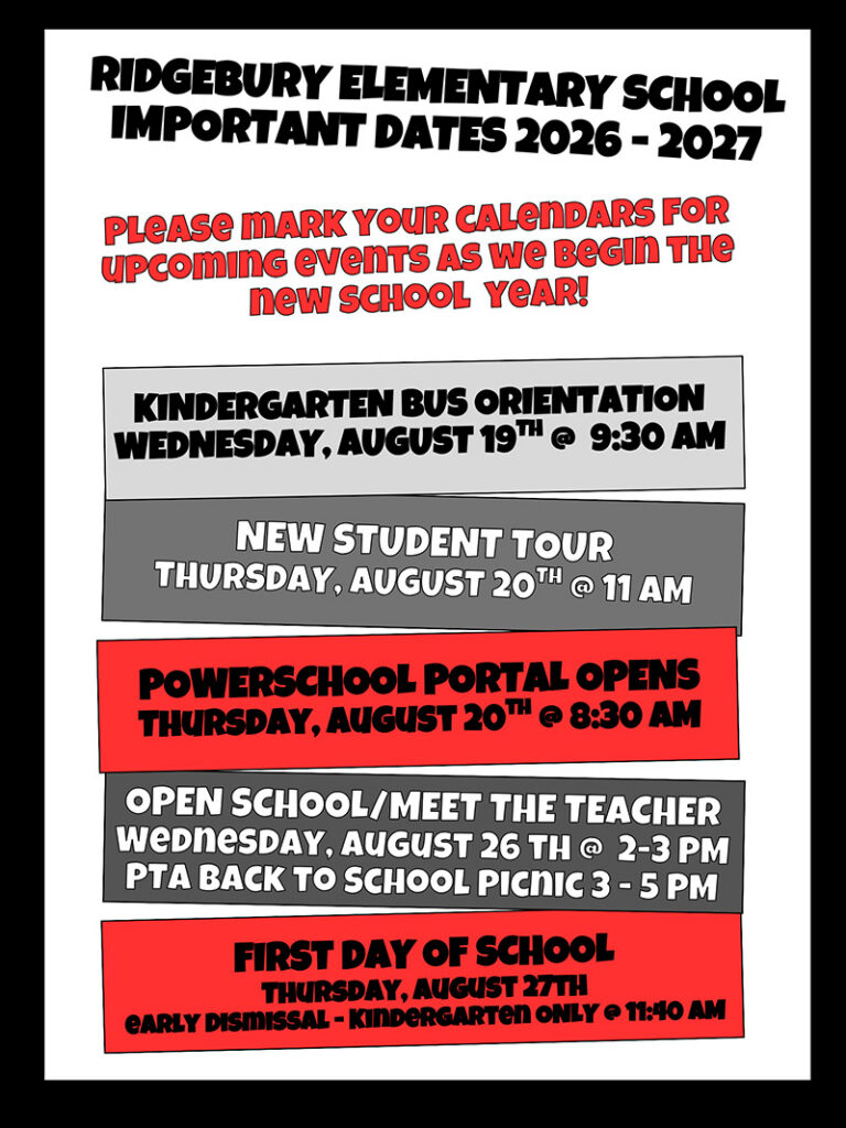 Ridgebury Elementary School Important Dates 2026-2027 flyer
