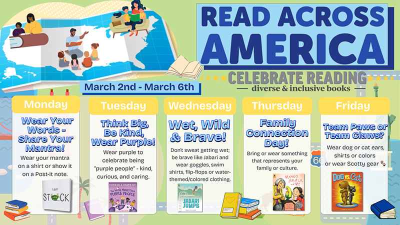 Read Across America Celebrate Reading diverse & inclusive books flyer