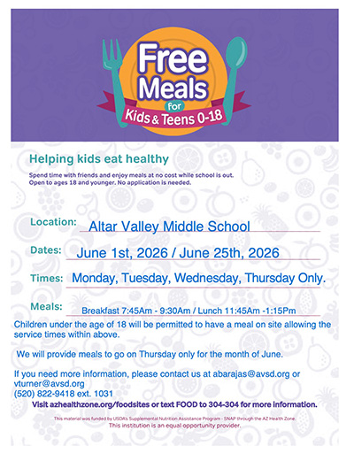 Altar Valley Middle School Free Meals flyer