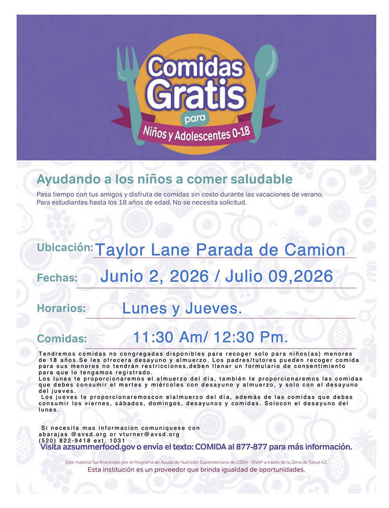 Taylor Lane Parada de Camion Summer Meals Flyer - Spanish