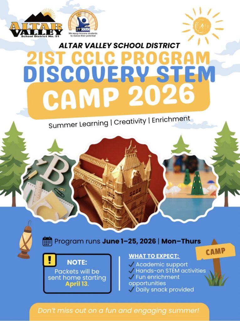 Altar Valley School District 21st CCLC Program Discovery STEM Camp 2026 flyer