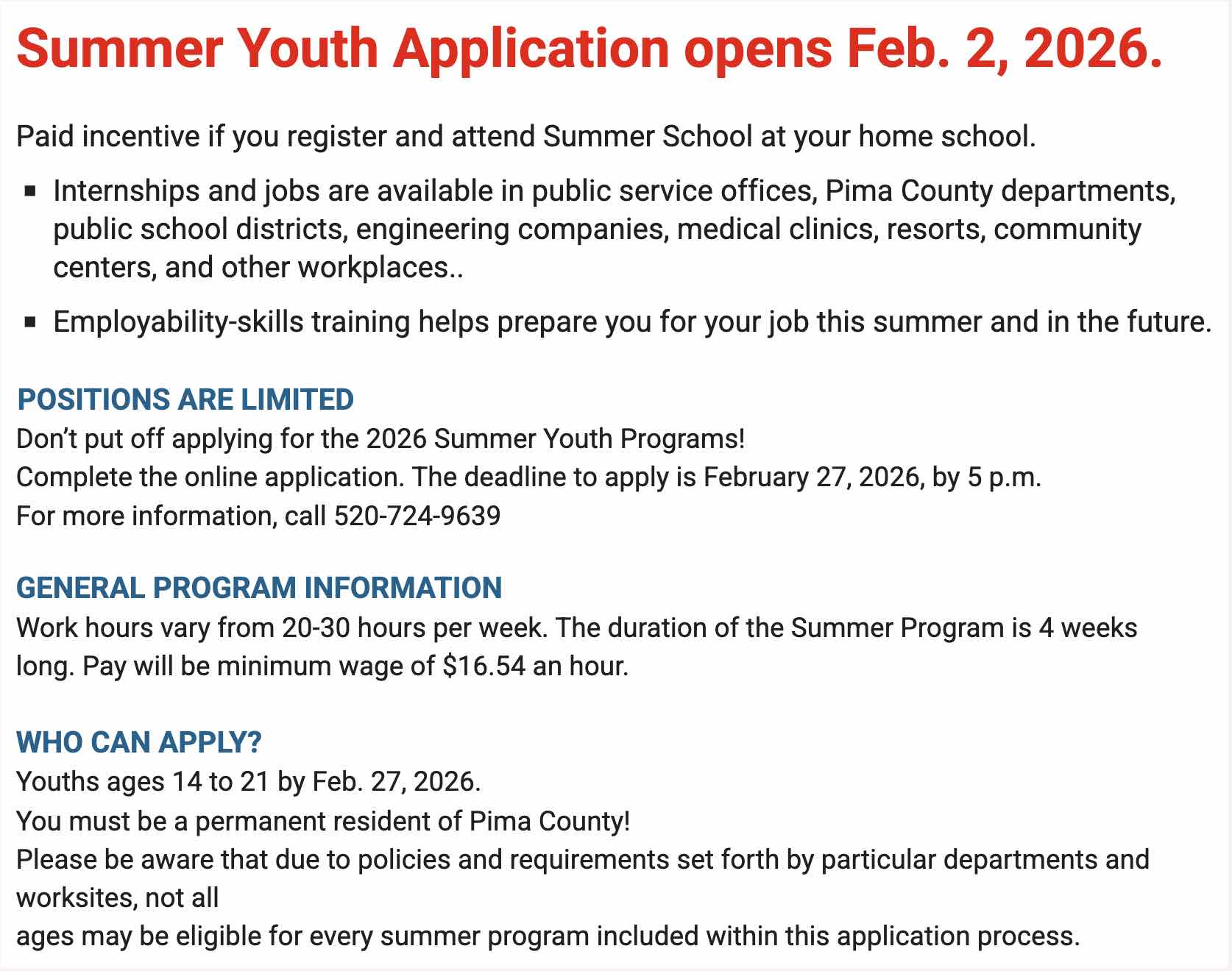 Summer Youth Application opens Feb. 2, 2026 flyer