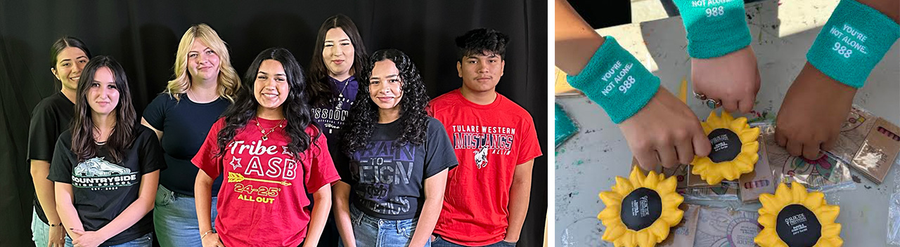 subpagebanner_departments student behind ceramics, student hands next to sunflowers wearing 988 wristbands, and two students holding up hearts