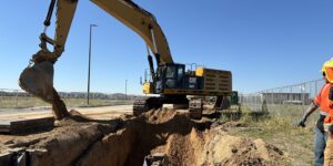 CAT excavator digging a hole
