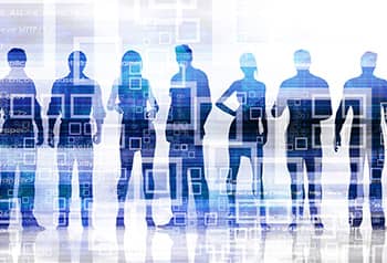 Silhouettes of men and women with technology symbols overlaid