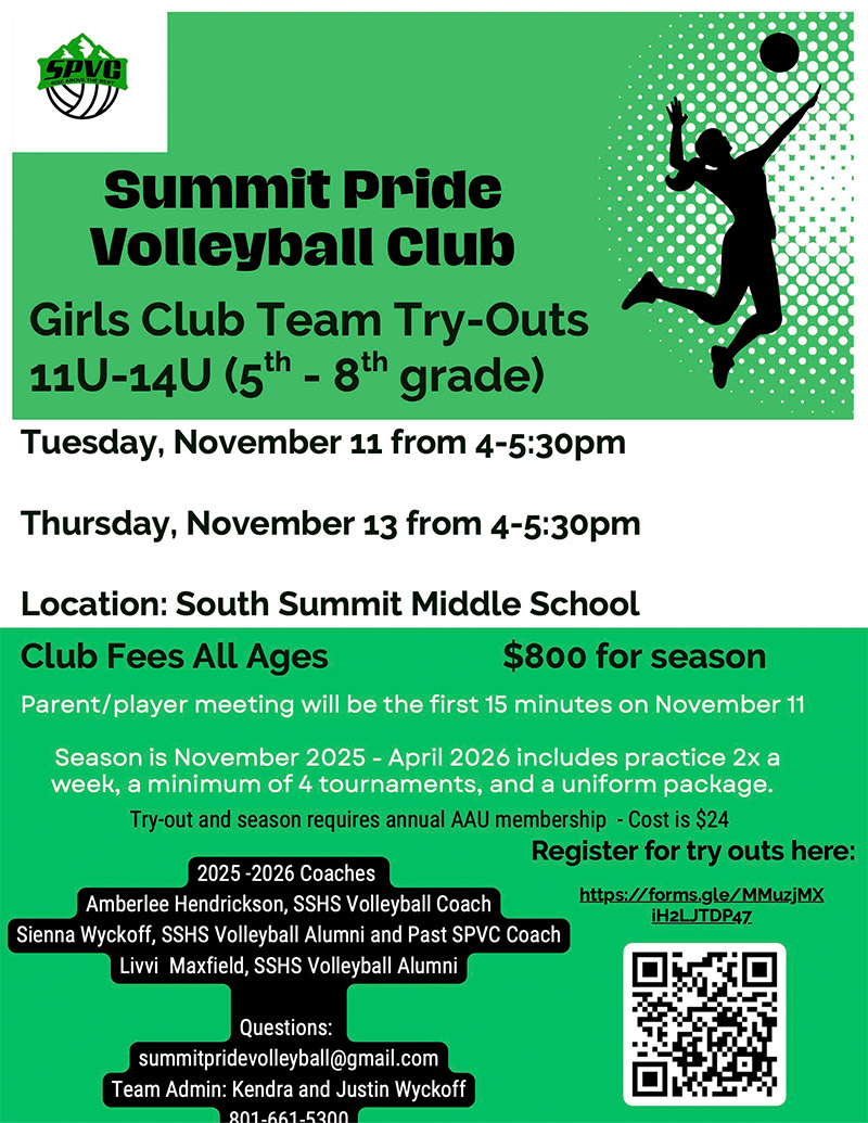 Summit Pride Volleyball Club Girls Club Team Try-Outs flyer