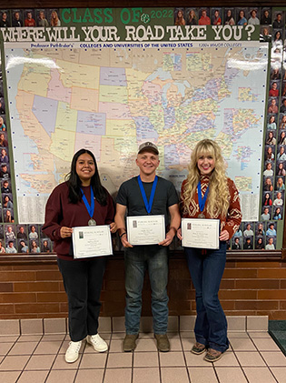 2022 Sterling Scholar Runner-up Sydney Meza (Computer Technology), Winner Logan Burrell (Skilled & Technical Science), and Runner-up Amy Jo Betournay (Ag Science)