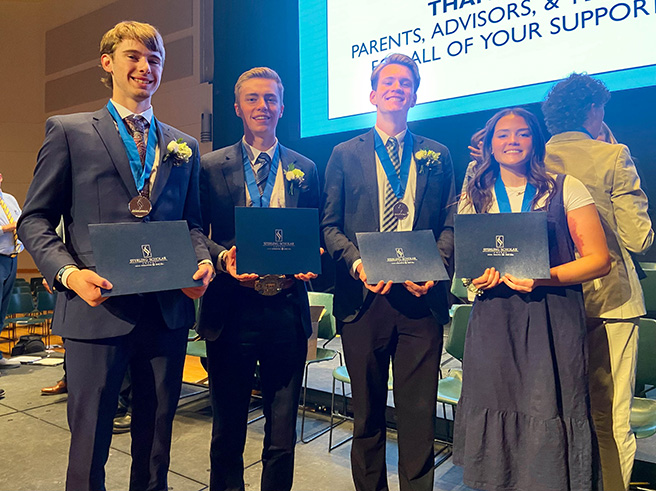 2025 Sterling Scholar Winner Hunter Bednarik, English; Runners-Up Camden Cox, Ag Science; Branson Halliday, Math and Mariah Bowen, Social Science