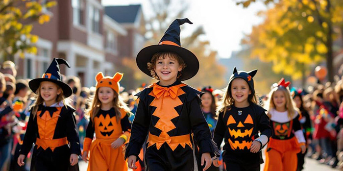 Children dressed in Halloween costumes walking down a street in a Halloween parade