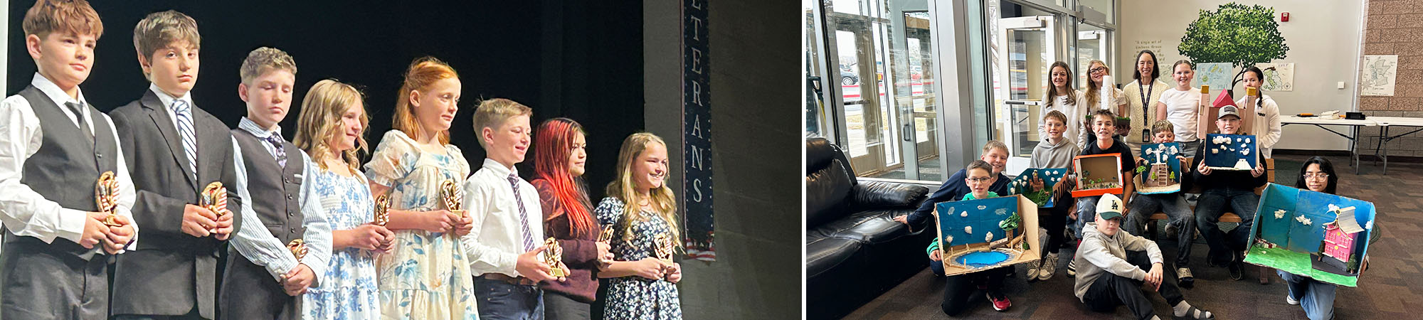 Photo collage of students holding awards next to students holding project boxes