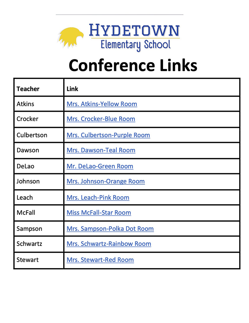 Hydetown Elementary School Conference Links flyer