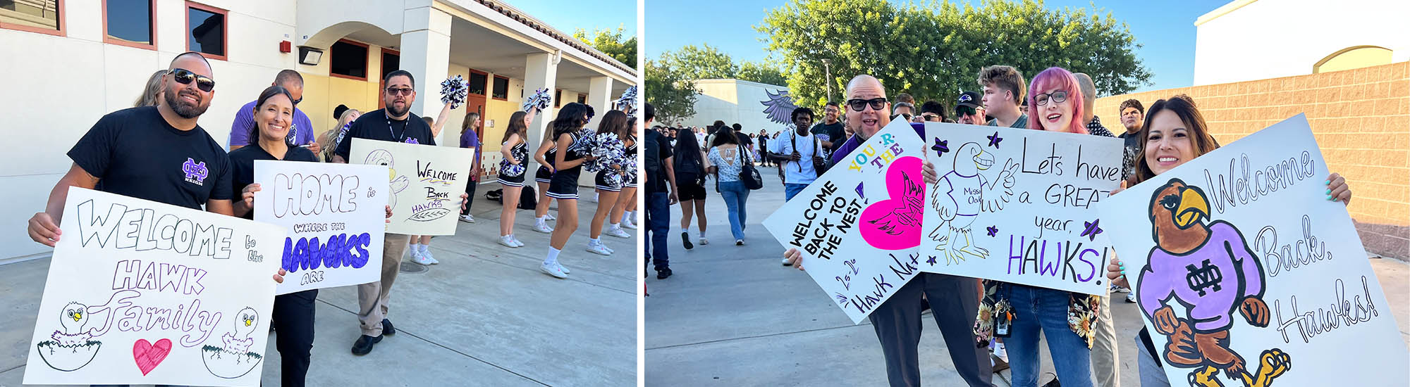 Staff members holding up welcome posters on the first day of school