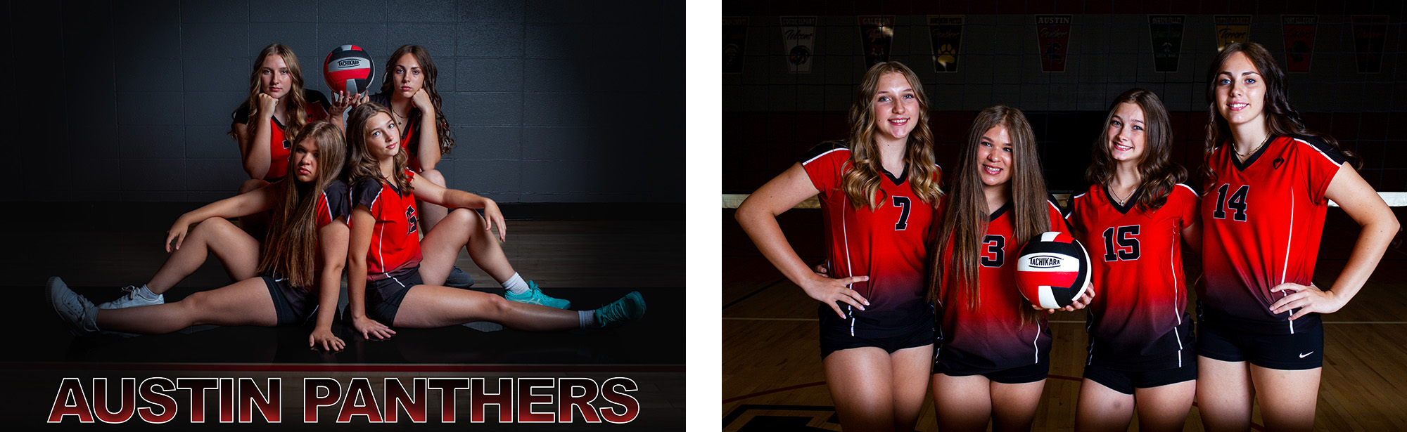 Four volleyball players posing with the words Austin Panthers beneath them; Four volleyball players posing together with a volleyball