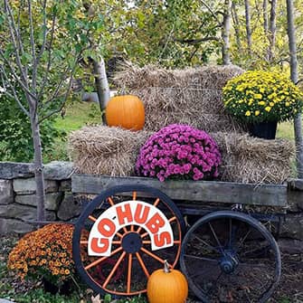 A wagon with hay, flowers, pumpkins and a sign that reads Go-Hubs