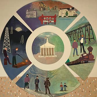 Wall mural with scenes from the town