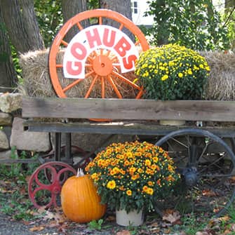 A wagon with fall decor and a sign that reads Go-Hubs