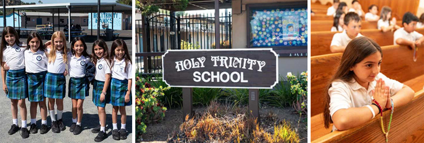 students standing outside, Holy Trinity School sign. and students praying