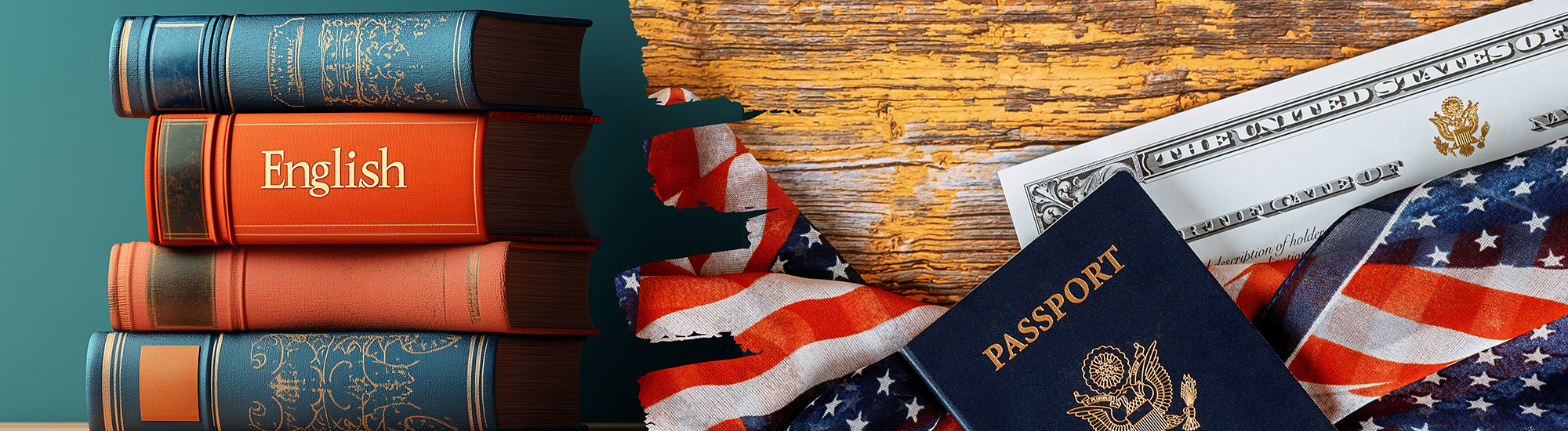 Books, passport, money, and flag