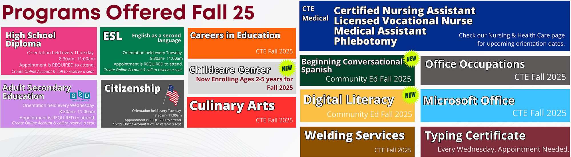 Programs offered Fall 25 and information below