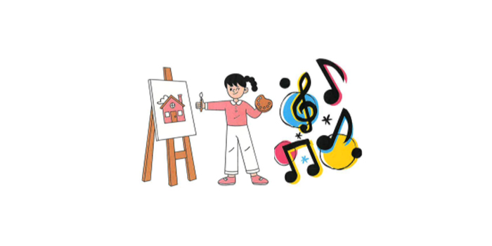 Drawings of student painting and music notes